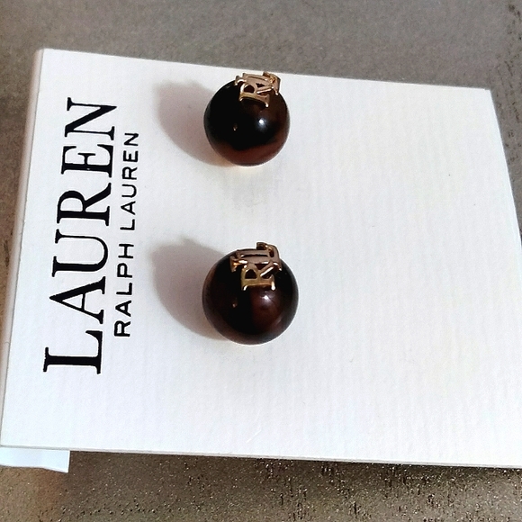 NWT Ralph Lauren Tortoiseshell Gold Logo Stud Earrings - Picture 4 of 5
